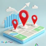 A minimalist Google Maps interface with three red location pins marking various spots. A rising arrow overlays the map, symbolizing an improvement in rankings on Google Maps. The background is light blue and white, with clean and simple lines for a professional appearance.