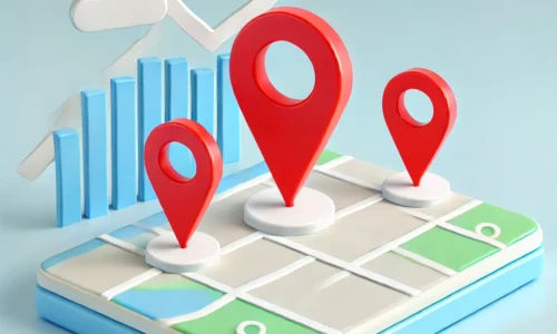 A minimalist Google Maps interface with three red location pins marking various spots. A rising arrow overlays the map, symbolizing an improvement in rankings on Google Maps. The background is light blue and white, with clean and simple lines for a professional appearance.