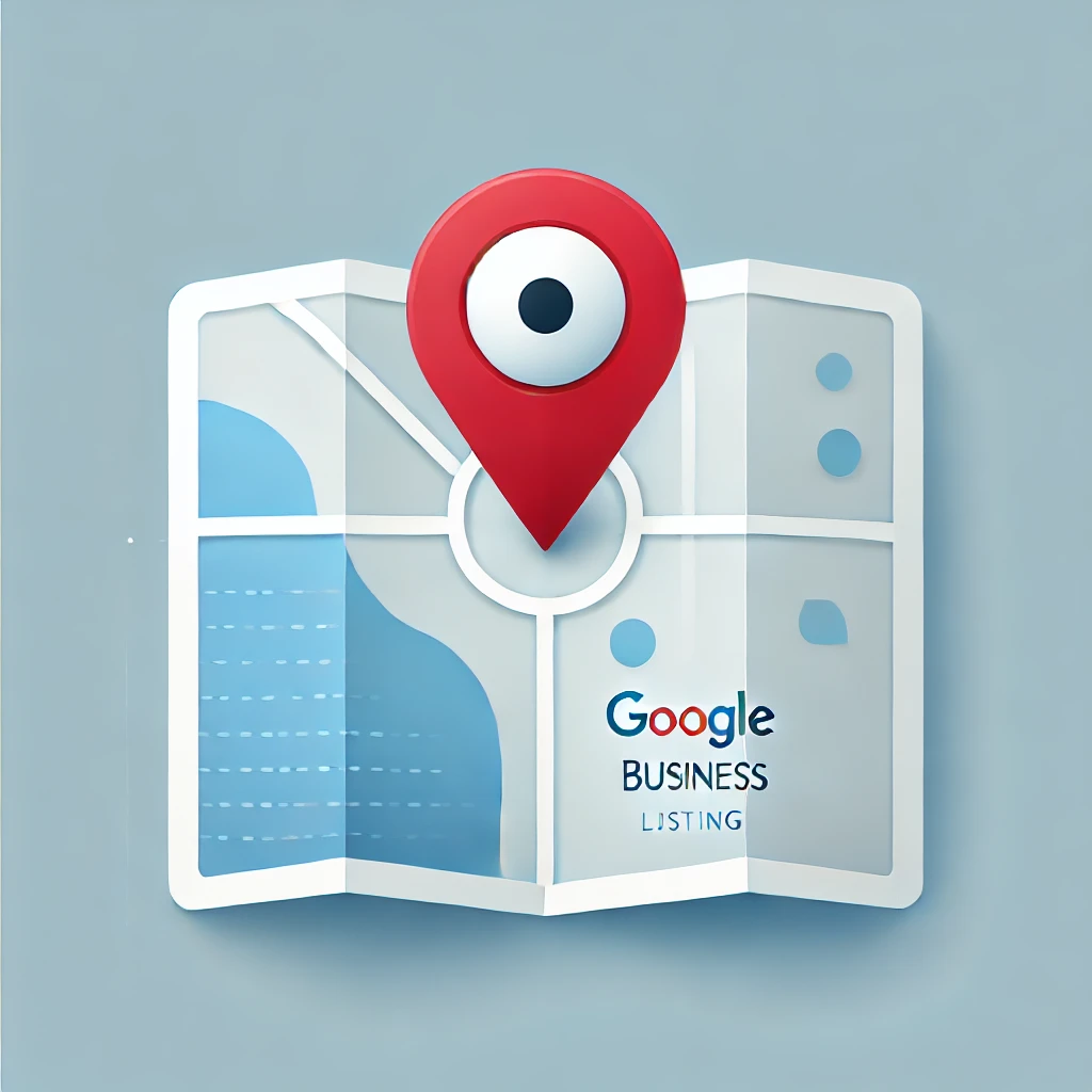 A minimalist map with a large red location pin marking a business location, symbolizing a Google Business Listing. The map is light blue with clean, white outlines, creating a simple and professional look to emphasize local business visibility.