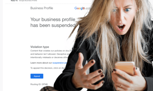 woman looking at her phone upset that her google business profile is suspended