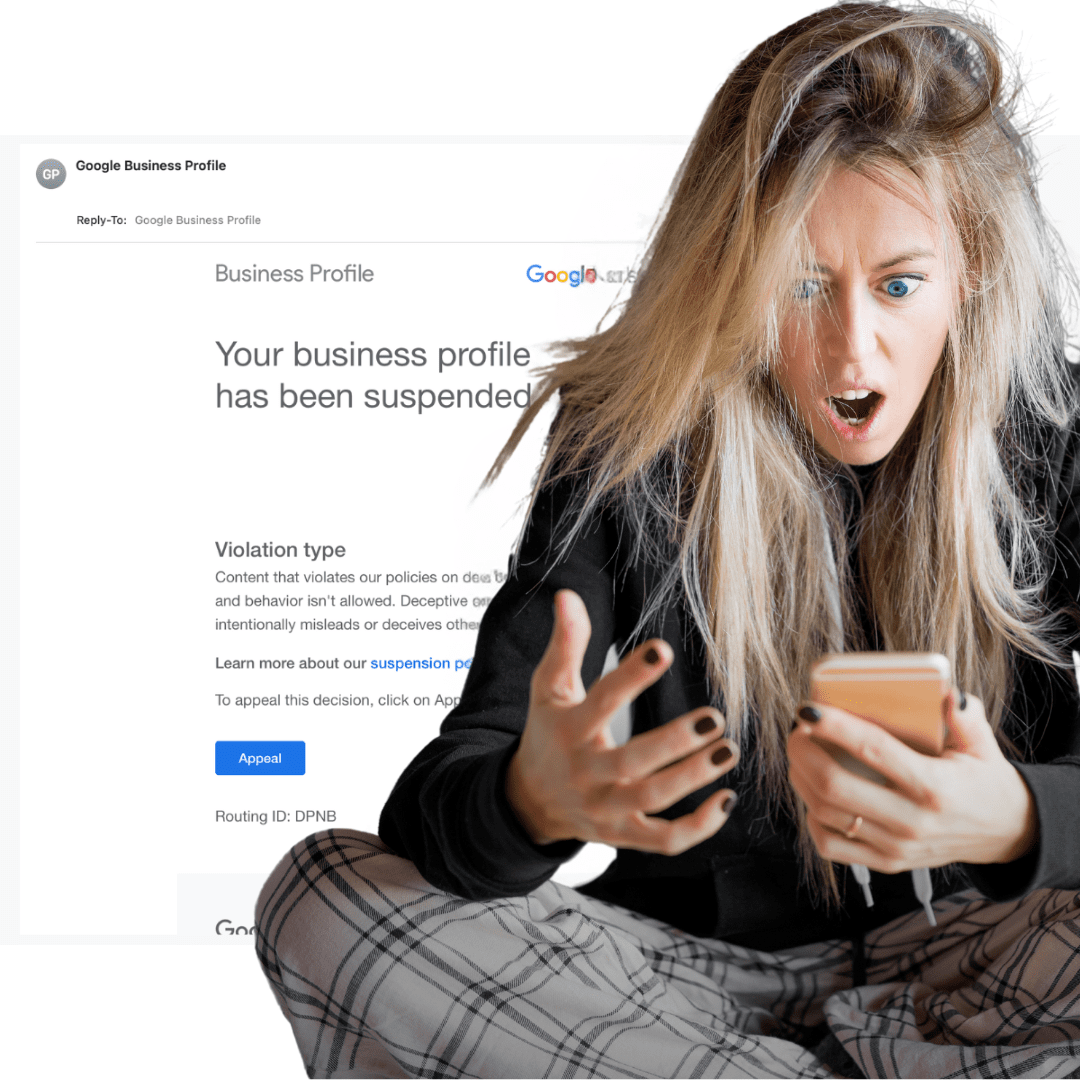 woman looking at her phone upset that her google business profile is suspended