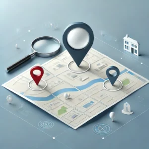 A minimalist image of a map with three red location pins marking different spots. A large magnifying glass hovers over the map, symbolizing search engine optimization (SEO). The background is a clean, light blue with a white map, giving a professional and straightforward appearance.