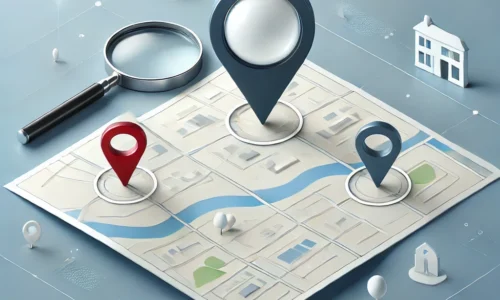 A minimalist image of a map with three red location pins marking different spots. A large magnifying glass hovers over the map, symbolizing search engine optimization (SEO). The background is a clean, light blue with a white map, giving a professional and straightforward appearance.