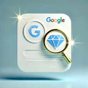 A minimalist design featuring a Google Business Profile icon with a glowing gem beside it, symbolizing hidden optimization tips or features. The background is light blue with white accents, providing a clean and professional look.