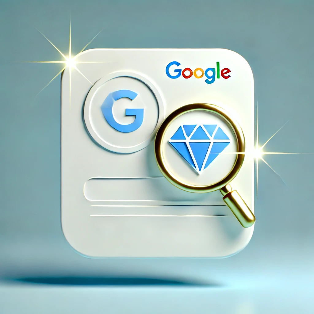 A minimalist design featuring a Google Business Profile icon with a glowing gem beside it, symbolizing hidden optimization tips or features. The background is light blue with white accents, providing a clean and professional look.