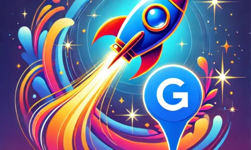 A dynamic design featuring a Google Business Profile icon with a brightly colored rocket launching next to it, trailing fire and smoke to symbolize rapid growth and the discovery of hidden features. The background includes gradient shades of blue with small stars, conveying a sense of innovation and exploration.