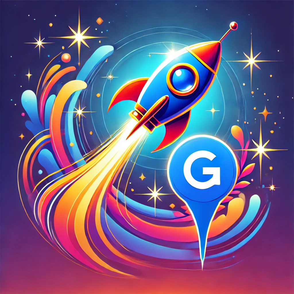 A dynamic design featuring a Google Business Profile icon with a brightly colored rocket launching next to it, trailing fire and smoke to symbolize rapid growth and the discovery of hidden features. The background includes gradient shades of blue with small stars, conveying a sense of innovation and exploration.