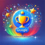 A vibrant design featuring a Google Business Profile icon with a shining trophy and colorful confetti, symbolizing the discovery of surprising features that can boost a brand. The background includes gradient shades of blue with sparkles, creating a celebratory and energetic atmosphere.