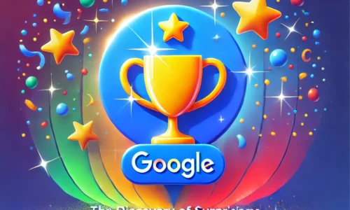 A vibrant design featuring a Google Business Profile icon with a shining trophy and colorful confetti, symbolizing the discovery of surprising features that can boost a brand. The background includes gradient shades of blue with sparkles, creating a celebratory and energetic atmosphere.