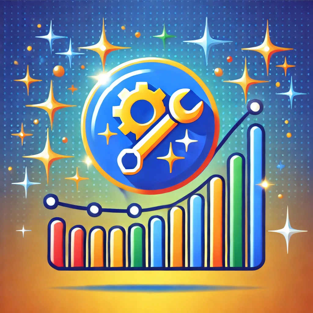 A vibrant design featuring a Google Business Profile icon with a wrench and an upward-trending graph, symbolizing the use of little-known tools to optimize a profile like a pro. The background has gradient blue tones with sparkles, creating an energetic and professional vibe.