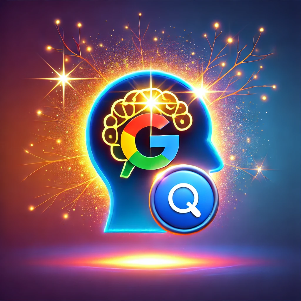 A vibrant design featuring a Google Business Profile icon with a glowing brain and flames, symbolizing the discovery of powerful and hidden features in Google My Business. The background has gradient blue tones with sparks, giving an energetic and innovative feel.