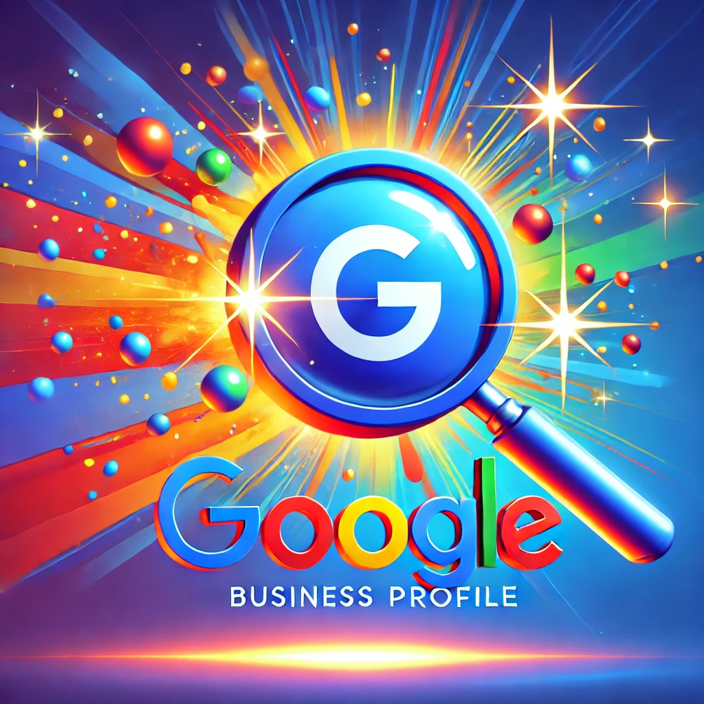 A vibrant design featuring a Google Business Profile icon with a magnifying glass and a dynamic explosion effect, symbolizing the uncovering of hidden features for ultimate optimization. The background has gradient blue tones with sparkles, adding an energetic and exciting feel.