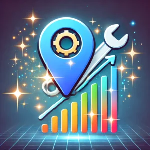 A vibrant design featuring a Google Maps icon with a wrench and an upward-trending graph, symbolizing the optimization of a Google Maps listing. The background includes gradient blue tones with sparkles, representing growth and improvement.