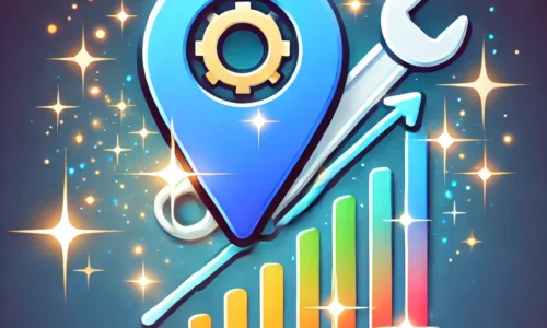 A vibrant design featuring a Google Maps icon with a wrench and an upward-trending graph, symbolizing the optimization of a Google Maps listing. The background includes gradient blue tones with sparkles, representing growth and improvement.