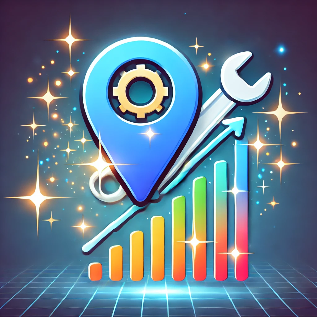 A vibrant design featuring a Google Maps icon with a wrench and an upward-trending graph, symbolizing the optimization of a Google Maps listing. The background includes gradient blue tones with sparkles, representing growth and improvement.