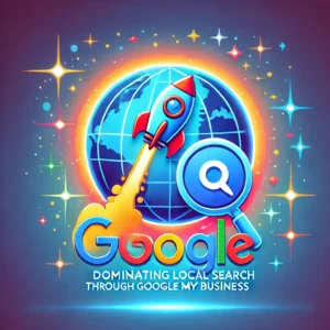 A vibrant design featuring a Google Business Profile icon with a globe and a rocket launching, symbolizing domination of local search through Google My Business. The background includes gradient blue tones with sparkles, representing global reach and rapid growth.