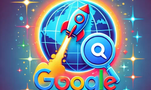 A vibrant design featuring a Google Business Profile icon with a globe and a rocket launching, symbolizing domination of local search through Google My Business. The background includes gradient blue tones with sparkles, representing global reach and rapid growth.