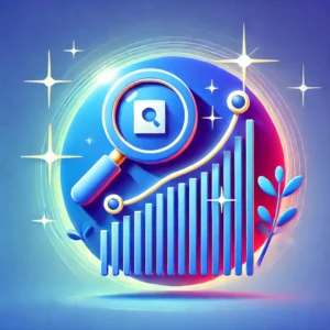 A vibrant design featuring a Google Business Profile icon with a magnifying glass and a clear, upward-trending data chart, symbolizing the use of Google My Business Insights to boost visibility. The background includes smooth gradient blue tones with sparkles, representing growth and analytical clarity.