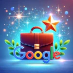 A vibrant design featuring a Google Business Profile icon with a shining star and a briefcase, symbolizing success stories and real business growth. The background includes gradient blue tones with sparkles, creating a sense of achievement and inspiration.