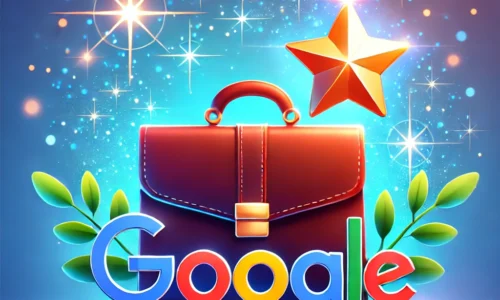 A vibrant design featuring a Google Business Profile icon with a shining star and a briefcase, symbolizing success stories and real business growth. The background includes gradient blue tones with sparkles, creating a sense of achievement and inspiration.