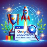 A vibrant design featuring a Google Business Profile icon with a trophy and a rocket launching, symbolizing advanced SEO techniques to outrank competitors. The background includes gradient blue tones with sparkles, representing competition, growth, and success.