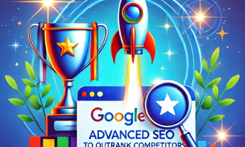 A vibrant design featuring a Google Business Profile icon with a trophy and a rocket launching, symbolizing advanced SEO techniques to outrank competitors. The background includes gradient blue tones with sparkles, representing competition, growth, and success.