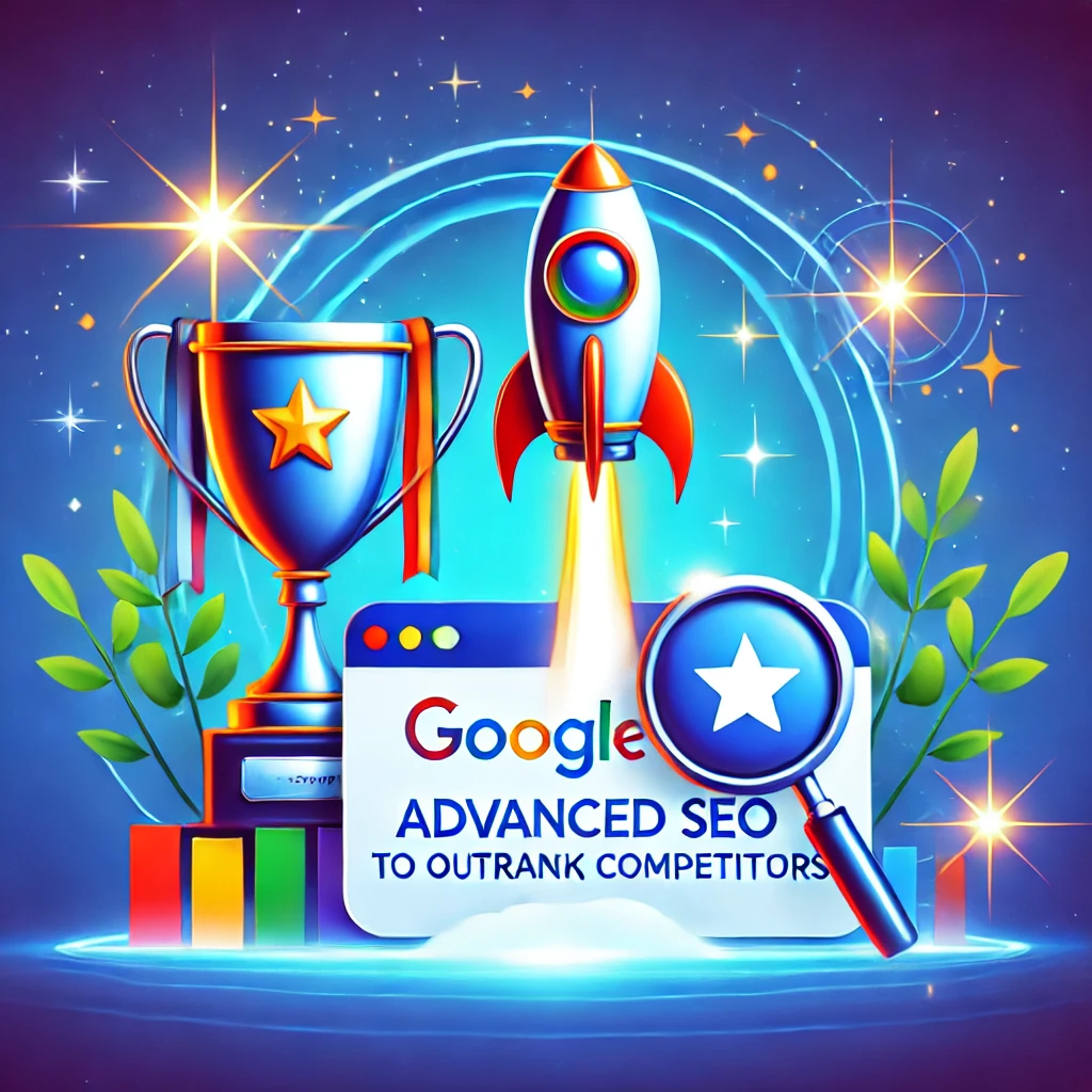 A vibrant design featuring a Google Business Profile icon with a trophy and a rocket launching, symbolizing advanced SEO techniques to outrank competitors. The background includes gradient blue tones with sparkles, representing competition, growth, and success.