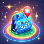 A vibrant design featuring a Google Business Profile icon with a calendar displaying "2024" and a shining light, symbolizing the importance of Google My Business for local SEO in 2024. The background includes gradient blue tones with sparkles, representing innovation and the future of SEO.