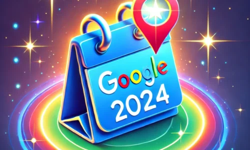 A vibrant design featuring a Google Business Profile icon with a calendar displaying "2024" and a shining light, symbolizing the importance of Google My Business for local SEO in 2024. The background includes gradient blue tones with sparkles, representing innovation and the future of SEO.