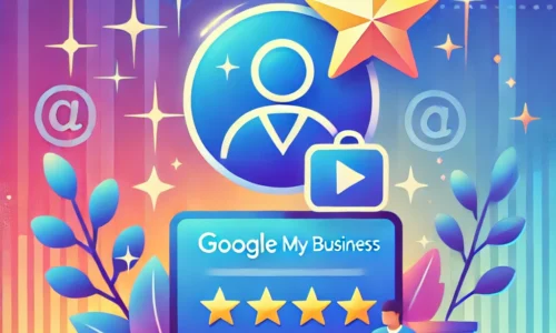 A vibrant design featuring a Google Business Profile icon with a star and a person working on a laptop, symbolizing the use of Google My Business for reputation management. The background includes gradient blue tones with sparkles, representing growth, feedback, and online reputation.