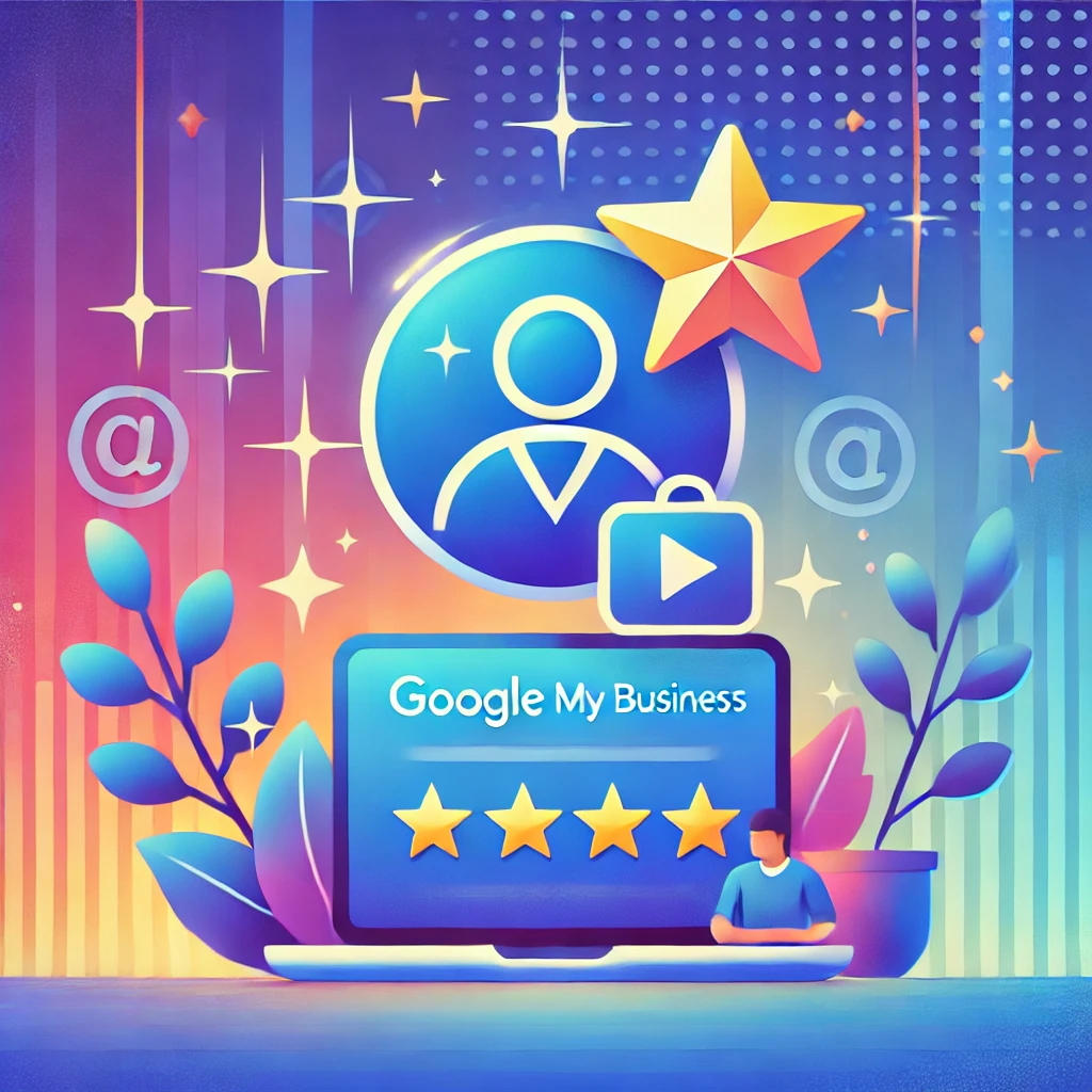 A vibrant design featuring a Google Business Profile icon with a star and a person working on a laptop, symbolizing the use of Google My Business for reputation management. The background includes gradient blue tones with sparkles, representing growth, feedback, and online reputation.