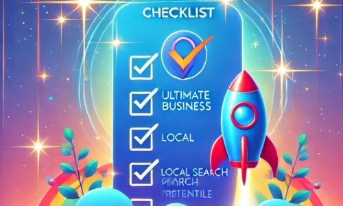 A vibrant design featuring a checklist with a Google Business Profile icon and a rocket, symbolizing the ultimate GMB checklist for maximizing local search potential. The background includes gradient blue tones with sparkles, representing thorough preparation and rapid growth.