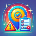 A vibrant design featuring a Google Business Profile icon with a warning sign and a checklist, symbolizing common Google My Business mistakes to avoid and the correct actions to take. The background has gradient blue tones with sparkles, representing caution and guidance.