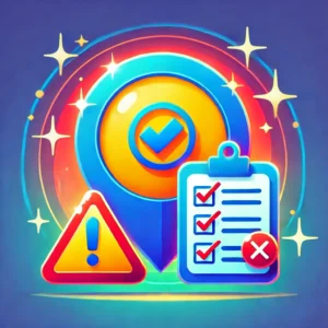 A vibrant design featuring a Google Business Profile icon with a warning sign and a checklist, symbolizing common Google My Business mistakes to avoid and the correct actions to take. The background has gradient blue tones with sparkles, representing caution and guidance.