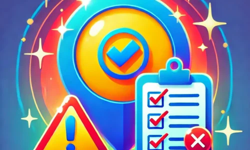 A vibrant design featuring a Google Business Profile icon with a warning sign and a checklist, symbolizing common Google My Business mistakes to avoid and the correct actions to take. The background has gradient blue tones with sparkles, representing caution and guidance.