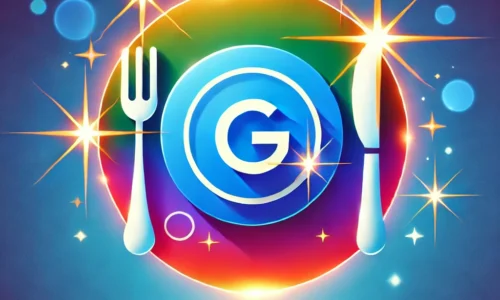 A vibrant design featuring a Google Business Profile icon with a plate, fork, and knife, symbolizing how to use Google My Business to attract more diners to restaurants. The background has gradient blue tones with sparkles, representing growth and customer engagement.