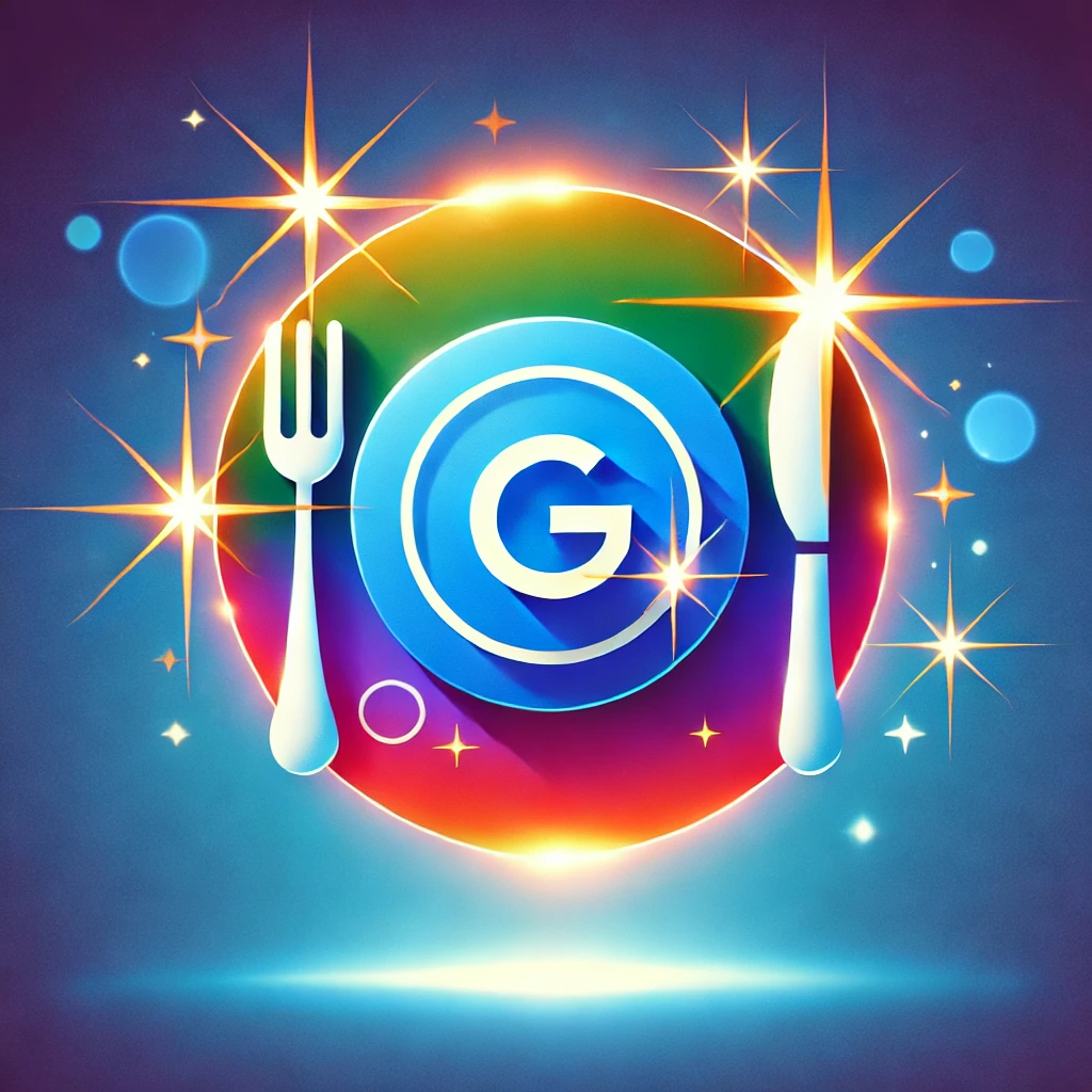 A vibrant design featuring a Google Business Profile icon with a plate, fork, and knife, symbolizing how to use Google My Business to attract more diners to restaurants. The background has gradient blue tones with sparkles, representing growth and customer engagement.