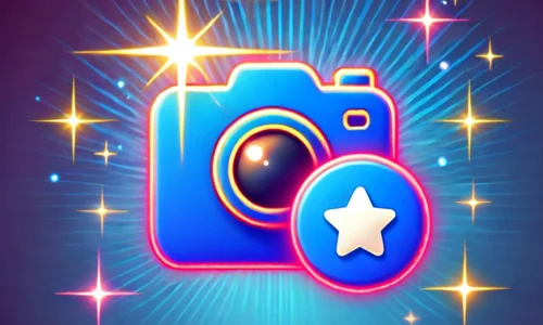 A vibrant design featuring a Google Business Profile icon with a camera and a glowing photo, symbolizing the power of photos in enhancing a Google My Business listing. The background includes gradient blue tones with sparkles, representing visual improvement and customer engagement.