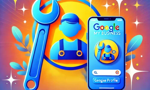 A vibrant design featuring a Google Business Profile icon with a wrench and a phone, symbolizing how service providers can use Google My Business to turn searches into bookings. The background includes gradient blue tones with sparkles, representing customer conversion and business growth.