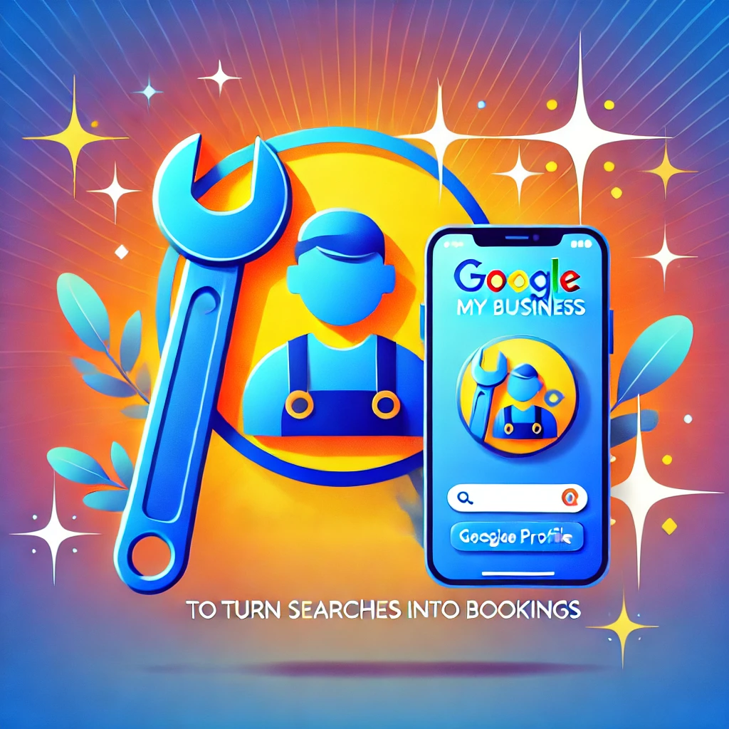 A vibrant design featuring a Google Business Profile icon with a wrench and a phone, symbolizing how service providers can use Google My Business to turn searches into bookings. The background includes gradient blue tones with sparkles, representing customer conversion and business growth.