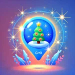 A vibrant design featuring a Google Business Profile icon with a Christmas tree and glowing holiday lights, symbolizing tips to make your GMB listing shine during the holiday season. The background includes gradient blue tones with festive spark