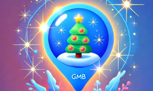 A vibrant design featuring a Google Business Profile icon with a Christmas tree and glowing holiday lights, symbolizing tips to make your GMB listing shine during the holiday season. The background includes gradient blue tones with festive spark