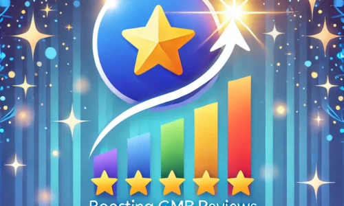 A vibrant design featuring a Google Business Profile icon with a star and an upward arrow, symbolizing boosting GMB reviews to rank higher. The background includes gradient blue tones with sparkles, representing growth, success, and customer engagement.