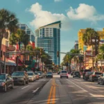 a bustling city street filled with vibrant signs and storefronts, capturing the energy of business growth fueled by google maps traffic insights in sunny florida.