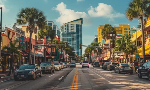 a bustling city street filled with vibrant signs and storefronts, capturing the energy of business growth fueled by google maps traffic insights in sunny florida.