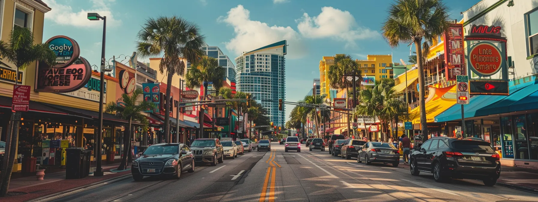 a bustling city street filled with vibrant signs and storefronts, capturing the energy of business growth fueled by google maps traffic insights in sunny florida.