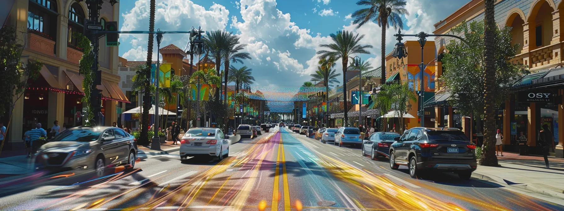 a bustling city street overlaid with colorful traffic flow patterns, highlighting real-time data insights, resembling a busy urban area in florida.