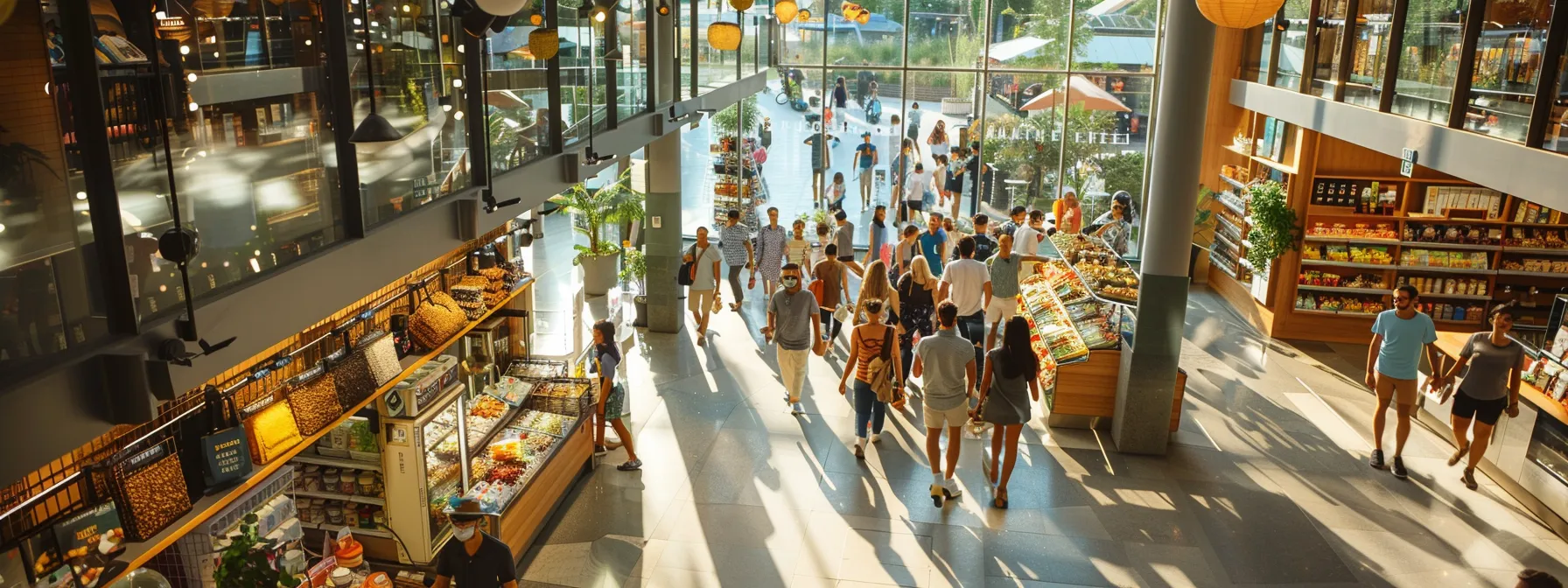 a bustling retail store with a steady flow of customers crossing paths throughout the aisles, illuminated by the warm sunlight from large windows.