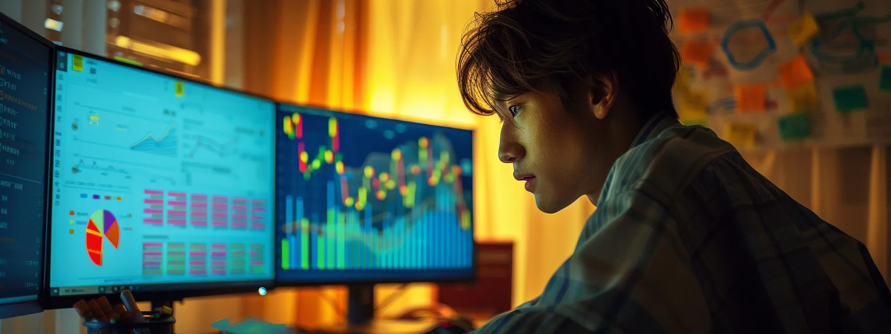 a person carefully analyzing a computer screen filled with colorful graphs and data, surrounded by sticky notes with strategic keywords and a map of the local area.