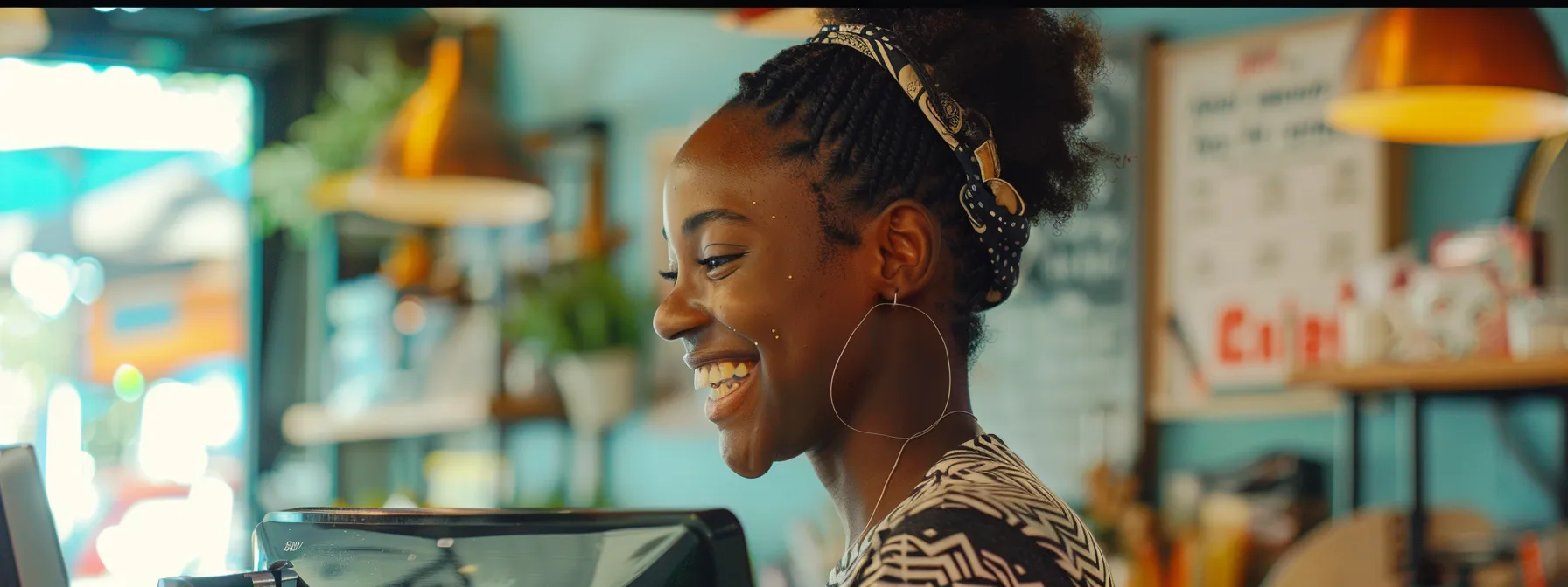 a small business owner smiling while reading glowing customer reviews on a computer screen, with a poster in the background showcasing positive feedback.